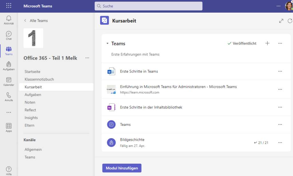 Screenshot Teams Kursarbeit