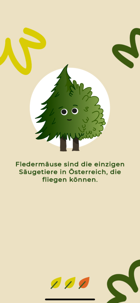 Screenshot einer App-Ansicht mit Wissenshäppchen rund um das Thema Wald; dargestelltes Beispiel: Fledermäuse sind die einzigen Säugetiere in Österreich, die fliegen können.