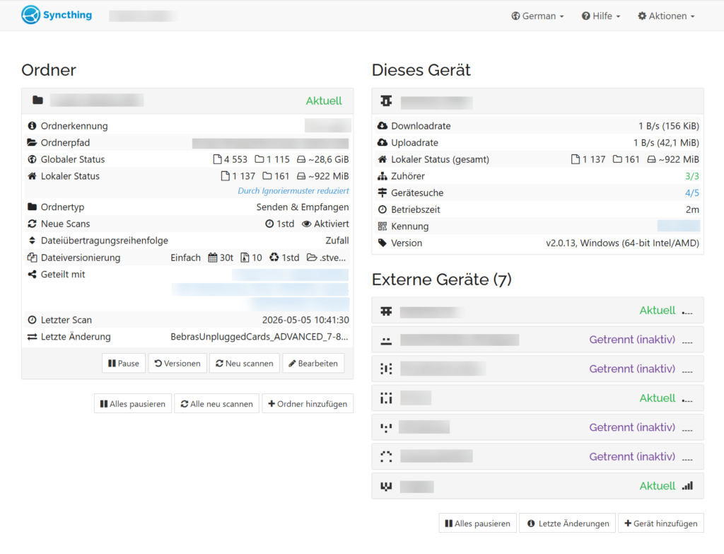 Die Web‑Oberfläche von Syncthing zeigt verbundene Geräte und synchronisierte Ordner auf einen Blick.